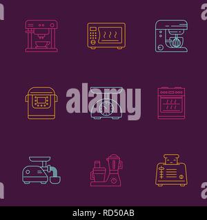 Kitchen utensils and household appliances linear icons Stock Vector