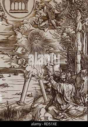 St. John eating the book. Apocalypse. Woodcut by Albrecht Durer. 1498. Stock Photo