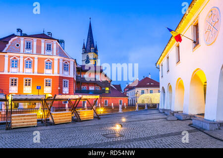 Sibiu, Romania - Lesser Square and Liars Bridge in Transylvania saxon city. Stock Photo
