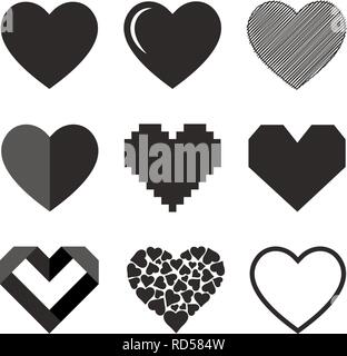 Vector black hearts icons set. Isolated illustration on white background. Stock Vector