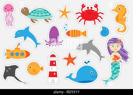 Different colorful pictures of ocean animals for children, fun education game for kids, preschool activity, set of stickers, vector Stock Vector