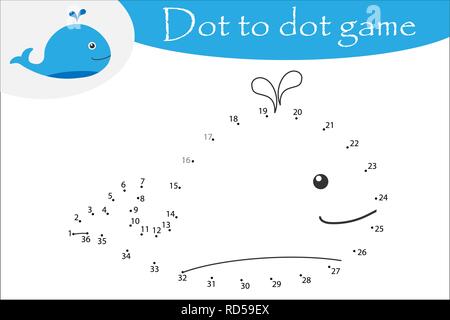 Whale in cartoon style, dot to dot game, coloring page, education numbers game for the development of children, kids preschool activity, printable wor Stock Vector