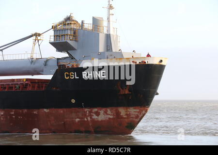 The bulk carrier CSL Rhine leaves the port of Cuxhaven on December 30, 2018. Stock Photo
