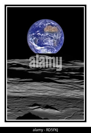 The Earth straddling the limb of the Moon, as seen from Lunar Reconnaissance Orbiter above Compton crater. The shadow in the foreground is from the crater's central peaks, while the mountains just above it can be seen in the 10 o'clock position within the crater in this image or the 12 o'clock position in this image. The center of the Earth in this view is 4.04°N, 12.44°W, just off the coast of Liberia. The large tan area in the upper right is the Sahara desert, and just beyond is Saudia Arabia. The Atlantic and Pacific coasts of South America are visible to the left. Stock Photo