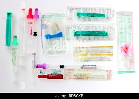 Medical supplies, syringes, vials, needles Stock Photo