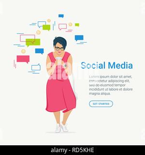 Social media concept flat vector illustration of young woman and using mobile smartphone for texting and leaving comments in social networks and datin Stock Vector