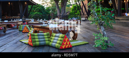 traditional Thai classic banquet reception tables, venue in hotel restaurant food catering service. Dinner banquet for Thai wedding ceremonies, meetin Stock Photo
