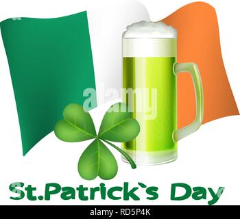 Clover leaf and a mug of green ale on the background of the flag element for Happy St. Patrick's Day. Ideal for greeting card, poster and web template Stock Vector