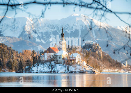 Beautiful view of famous Bled Island (Blejski otok) at scenic Lake Bled with Bled Castle (Blejski grad) and Julian Alps in the background in golden mo Stock Photo