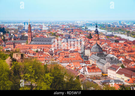 Panoramic view of the old town of Heidelberg on a beautiful sunny day with blue sky and clouds in summer, Baden-Wuerttemberg, Germany Stock Photo