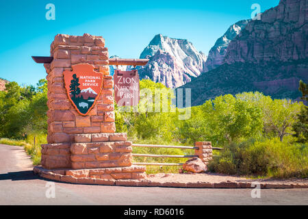 Zion National Park entrance monument sign on a beautiful sunny day with blue sky in summer, Utah, USA Stock Photo
