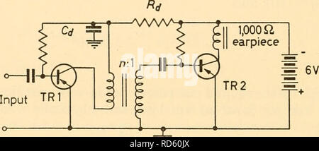 . Electronic apparatus for biological research. Electronic apparatus and appliances; Biology -- Research. TRANSISTORS In our particular case it lies between 25 and 50 k. To keep the amplifier general in purpose we do not want to tie down Ra too tightly. A reasonable procedure is to take the output resistance as the geometric mean of 25 and 50 k, ?«34 k, and design a transformer so that the second stage presents a matching load resistance of 33 k to the first. The circuit might have the appearance of Figure 45.18. R^ and Q are decoupling components and R^ drops the battery voltage from 6 to 2 f Stock Photo