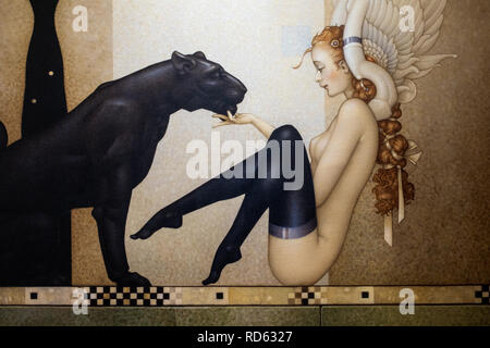 Michael Parkes, magical realist painter: (detail)' Black Panther White Wings' fine art giclee prints on canvas Stock Photo