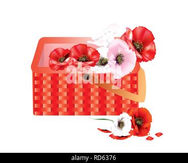 Cut fresh poppies in a basket on white background Stock Vector