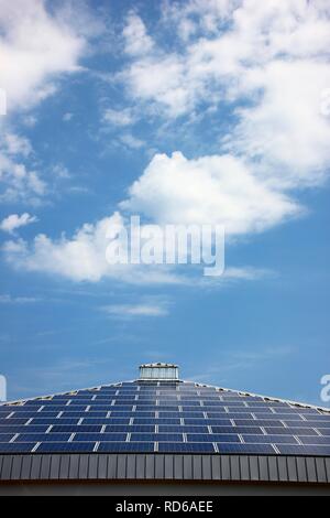Peaked roof with solar panels, roof of a supermarket, Ruegen, Rugia, Mecklenburg-Western Pomerania Stock Photo