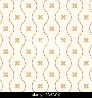Vector seamless minimalistic pattern of curved lines with dots in nodes and four-petalled flowers. Modern stylish texture. Yellow and brown colors. Stock Vector
