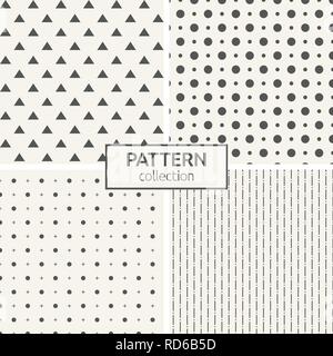 Set of four seamless patterns. Abstract geometrical backgrounds. Modern stylish textures with repeating circles, dotted lines, crosses, triangles. Stock Vector