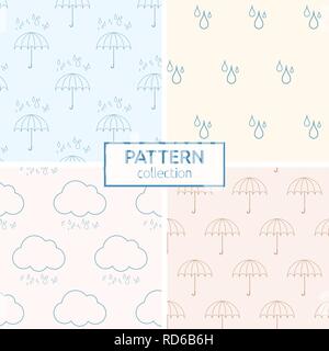 Set of foura autumn color simple minimal patterns with umbrellas, clouds and rain drops. Vector backgrounds. Stock Vector