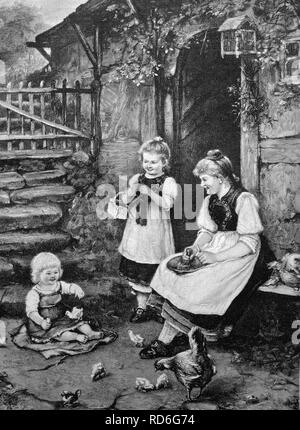 Children playing with chickens in a yard, historical illustration, ca. 1893 Stock Photo