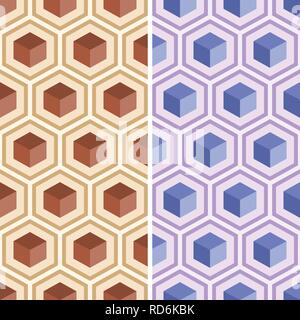 Set of seamless geometric abstract patterns of colorful hexagons. Retro colors. Fashion geometrical pattern. For fashion textile, cloth, backgrounds.  Stock Vector