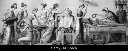 Life in ancient Greece, from left: a woman's life, funeral mourning, historical illustration Stock Photo