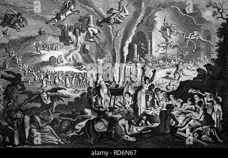 Witches Sabbath, representation from the 17th Century, historical illustration Stock Photo