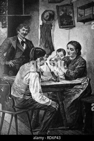 Idyllic family life, historical illlustration, about 1886 Stock Photo