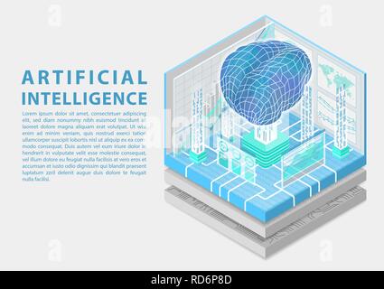 Artificial Intelligence concept with digital brain as isometric vector illustration Stock Vector