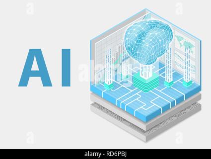 Artificial Intelligence concept with digital brain as isometric vector illustration Stock Vector