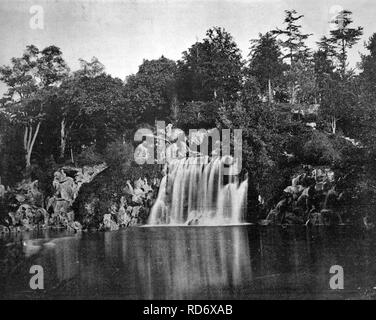 Early autotype of La Grande Cascade waterfall, Bois de Boulogne, Paris, France, 1880 Stock Photo