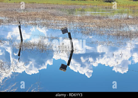 The reflection of the sky and a birdhouse on a fence. Stock Photo