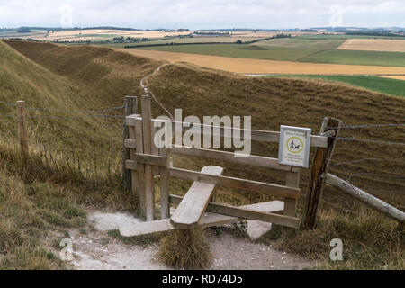 Typical english country stile with dog gate leading to meadow Maiden Castle Dorset Dorchester United Kingdom Stock Photo