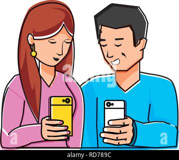 young couple using smartphone vector illustration design Stock Vector