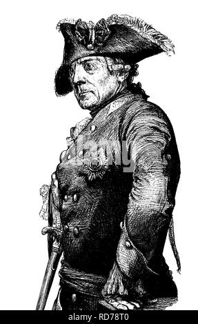 Frederick II, Frederick the Great, Der Alte Fritz, 1712 - 1786, King of Prussia, historical woodcut, circa 1880 Stock Photo