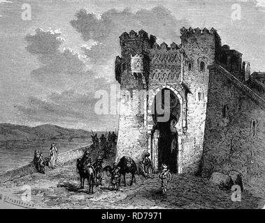 Puerta del Sol in Toledo, Spain, historical woodcut, 1870 Stock Photo