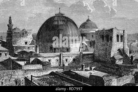 Church of the Holy Sepulchre in Jerusalem, Israel, historical woodcut, 1870 Stock Photo