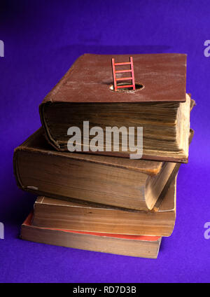 Stacked books and small ladder appear from inside the book. Abstract illustration concept for knowledge and education. Stock Photo