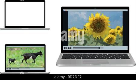Laptop isolated on a white background. Notebook with empty string and with some triangulate illustrations. Modern computer engineering theme. Graphic  Stock Vector