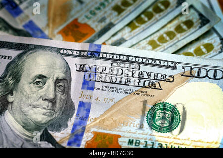 Hundred Dollar Bills American money United States denomination wealth Stock Photo