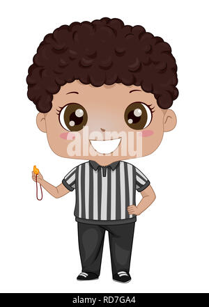 Illustration of an African American Kid Boy Referee Holding a Whistle Stock Photo