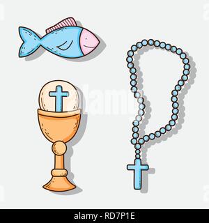 set chaliz with host and cross rosary with fish Stock Vector