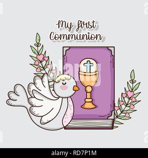 bible with chaliz and host with dove and branches leaves Stock Vector