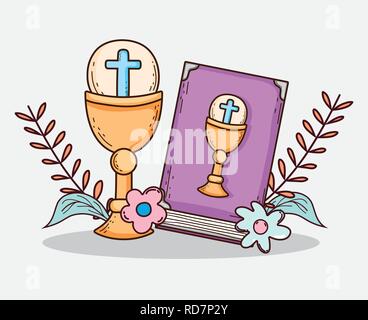 bibble with chaliz and host to first communion Stock Vector