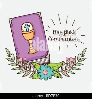 first communion with chaliz and host with cross Stock Vector