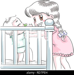 Illustration of Kids with Older Sister Playing with Younger Sibling Inside the Crib Stock Photo