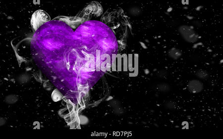 Romantic love purple heart with smoke on background for copy space. With snow texture overlays Stock Photo