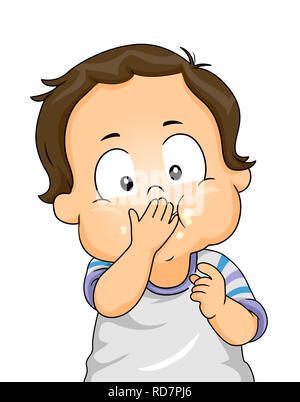 Illustration of a Kid Boy Toddler Holding His Mouth Full of Food Stock Photo