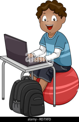 Illustration of a Kid Boy Studying and Using Laptop While Sitting on Exercise Ball Stock Photo