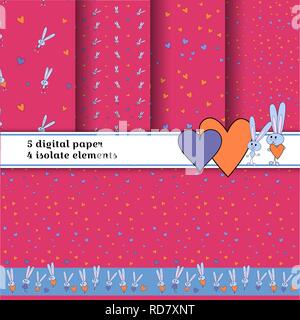 Grey bunny pattern at pink background. Set of 5 background. For print wallpapers. Bright rabbit with heart texture for baby print, kid wrapping, digital paper and fabric patterns. vector illustration Stock Vector