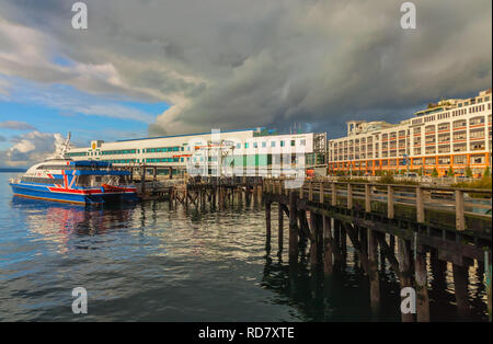 Port of Seattle and waterfront structures during winter rainstorm, Washington, United States. Stock Photo